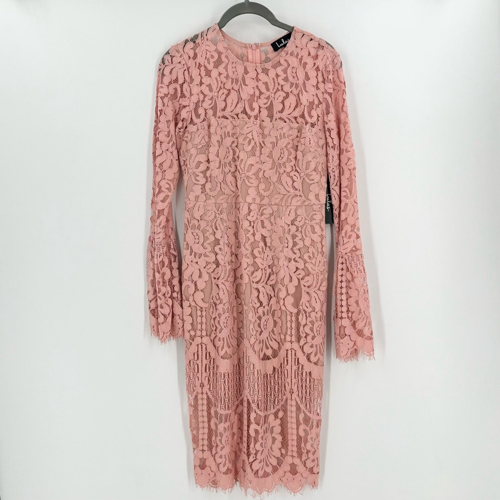 Lulus Womens Enrapturing Elegance Sheath Dress Pink Floral Lined Midi Lace Small